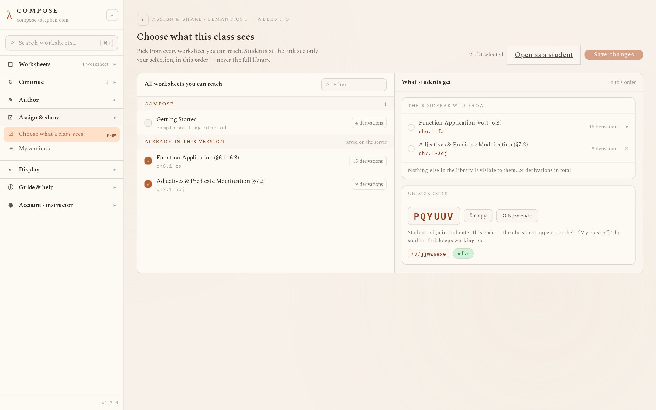 The Assign & share page: worksheet picker left, student-visible set and unlock code right