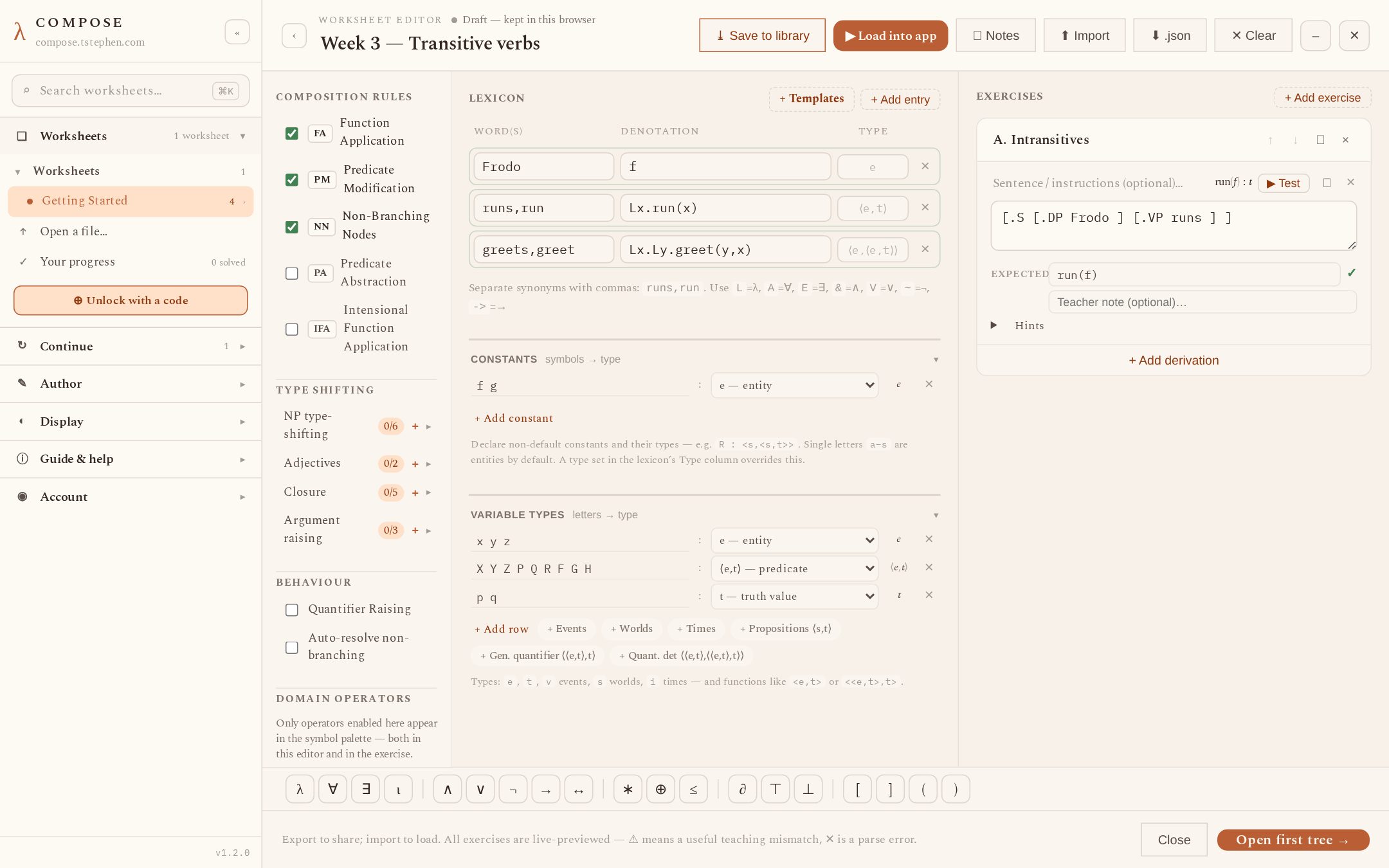 An exercise with a tested tree and validated expected denotation