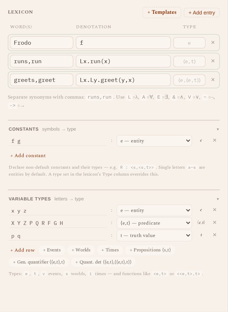 The editor: rules, live-typed lexicon, constants, variable types, exercise panel