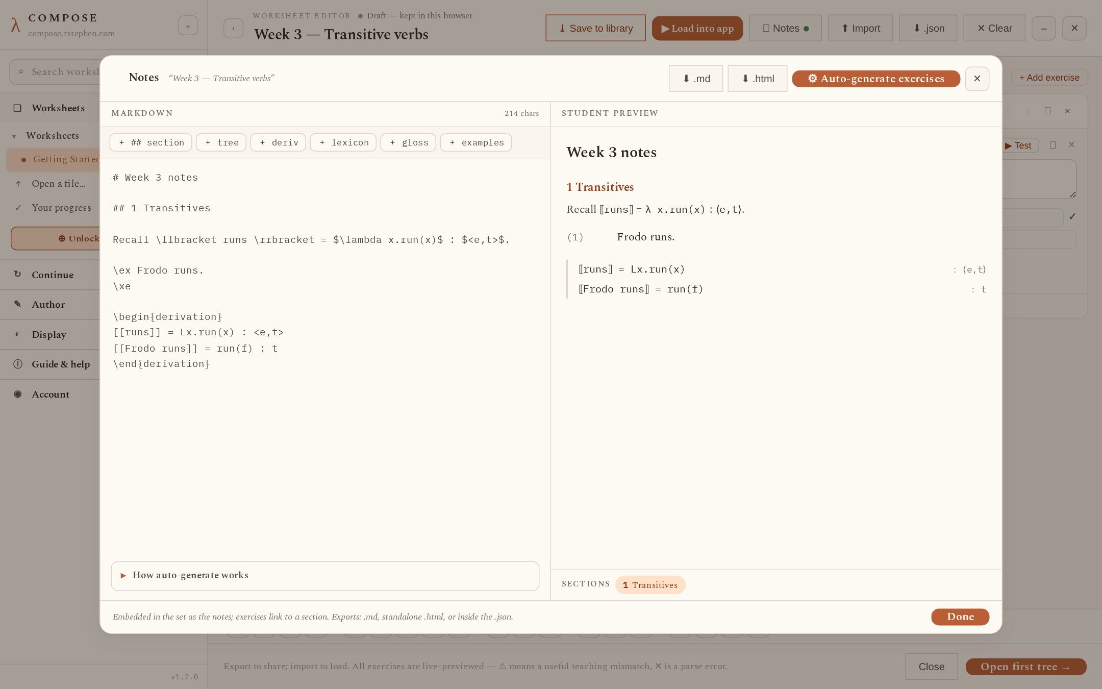 The notes editor: LaTeX source with live student preview