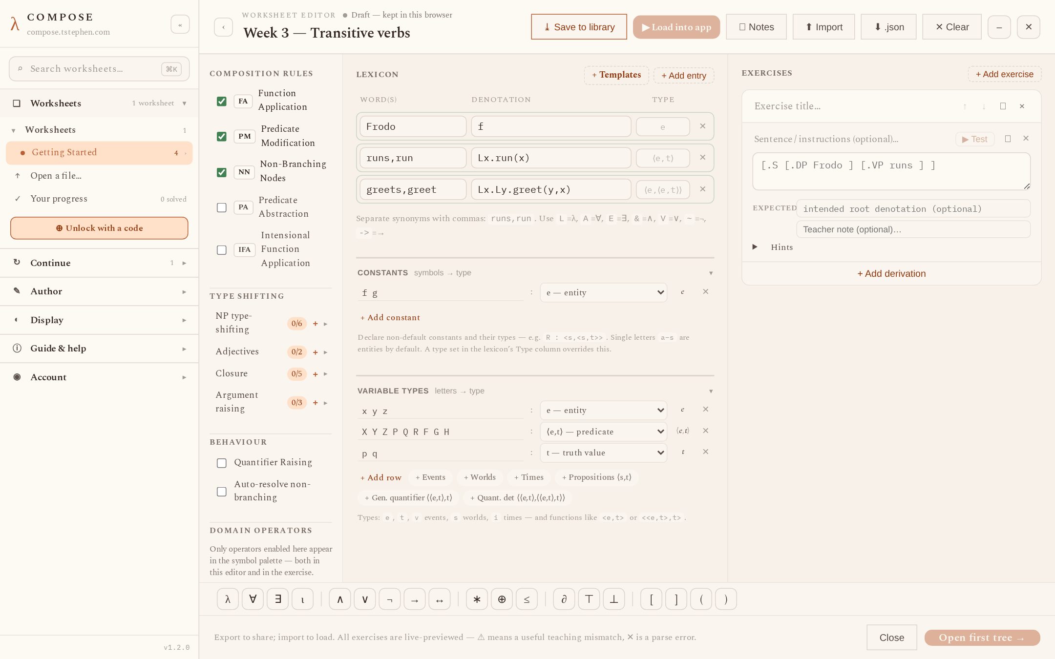 The worksheet editor page with its header strip and three columns