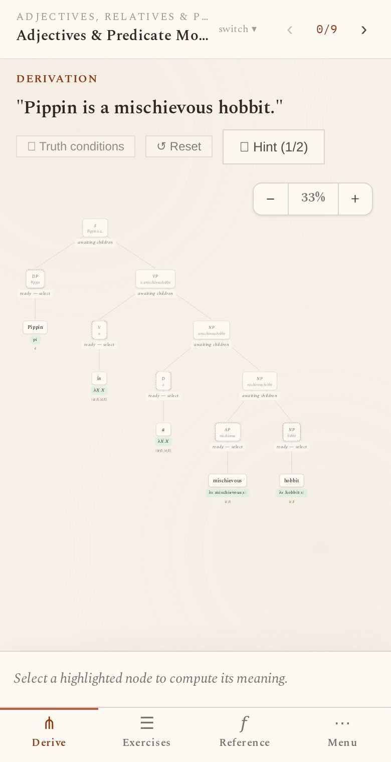 The phone layout: derivation tree above the bottom tab bar