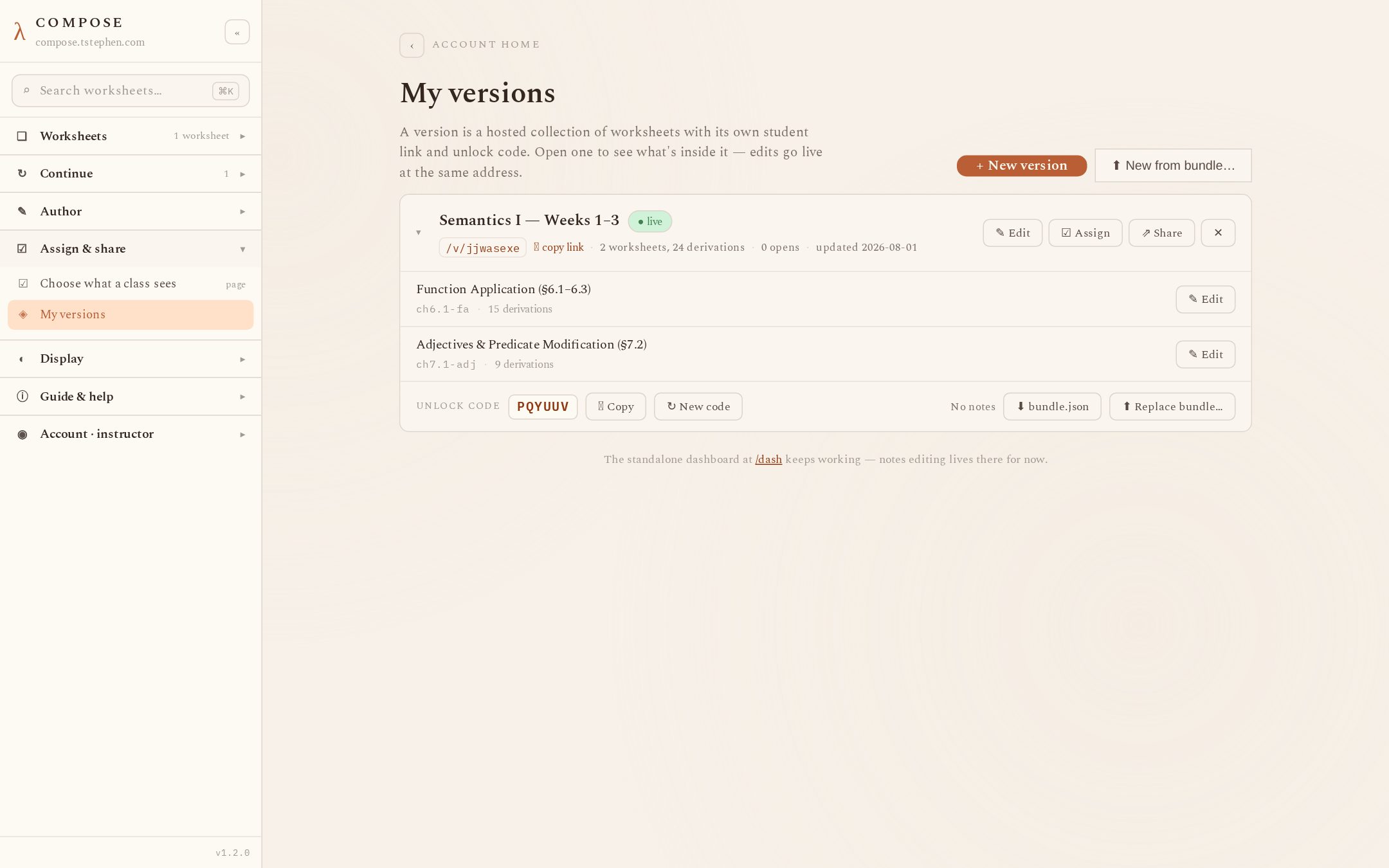 The My versions page with a version row expanded, showing the unlock code