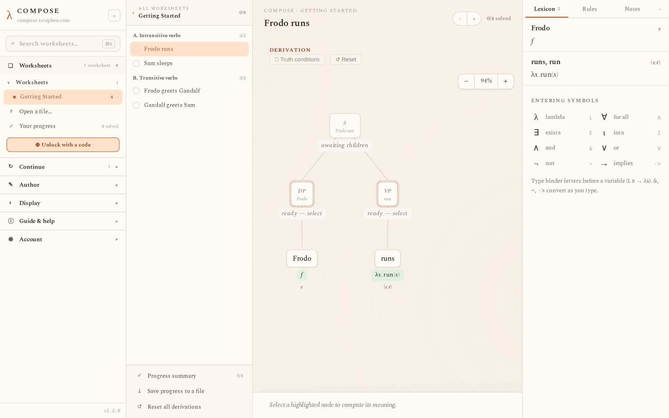 The starter page: sidebar, exercises column, derivation tree, reference panel