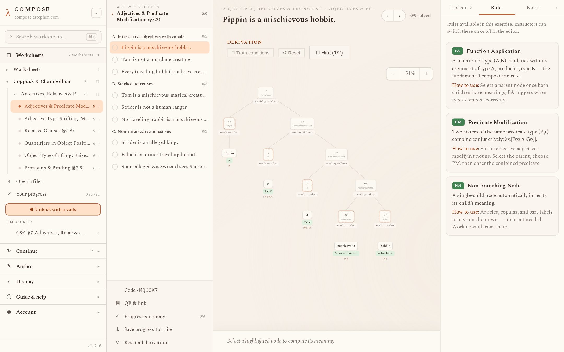 The Rules tab of the reference panel listing FA, PM and NN