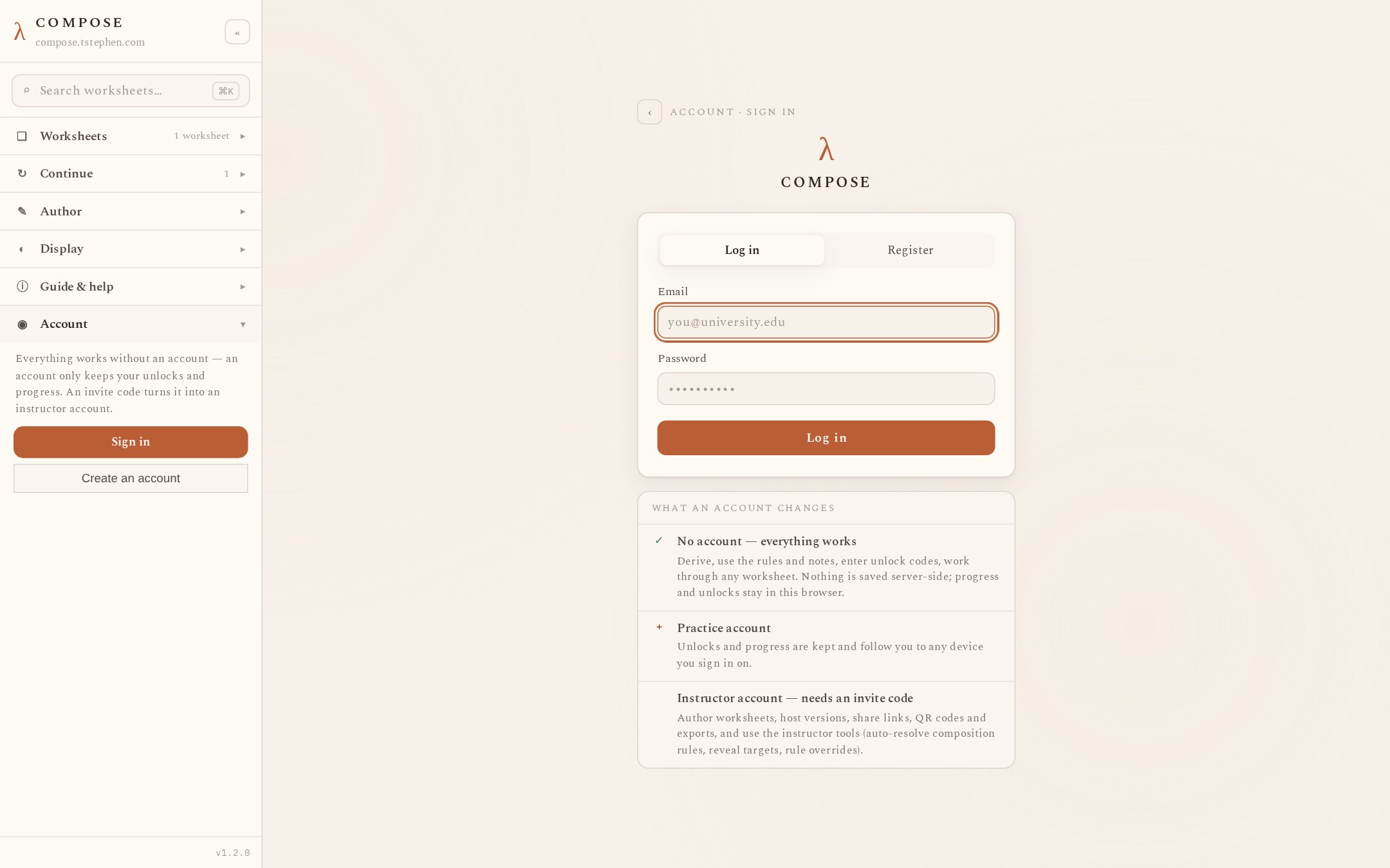 The sign-in page with Log in and Register tabs