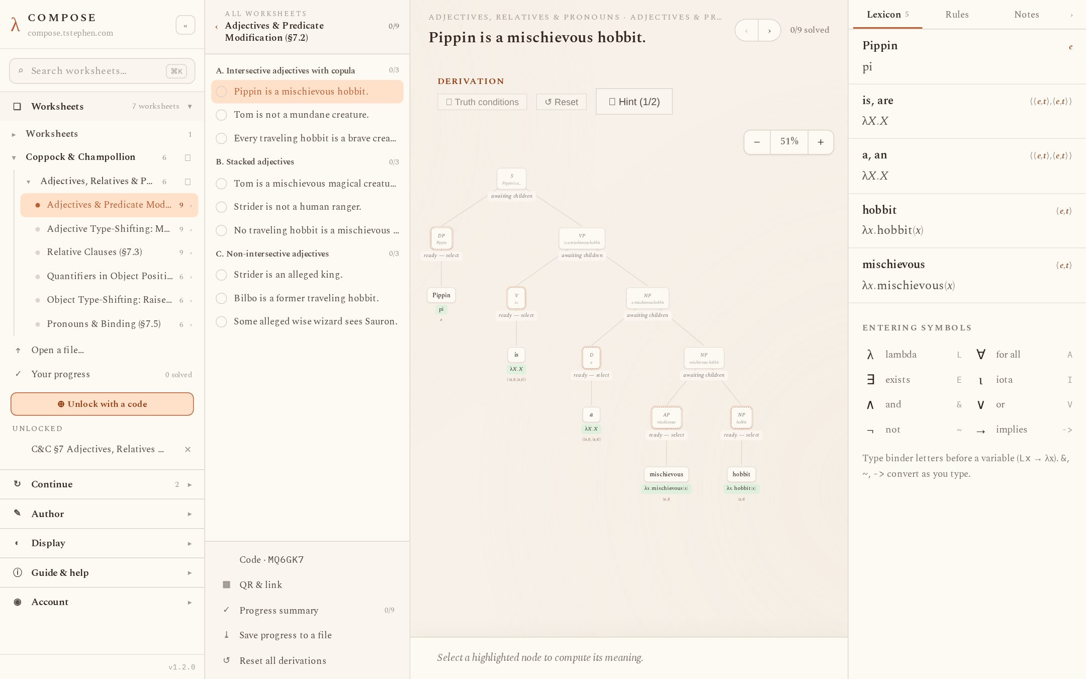 A worksheet page: sidebar, exercises column, derivation tree, reference panel on Lexicon