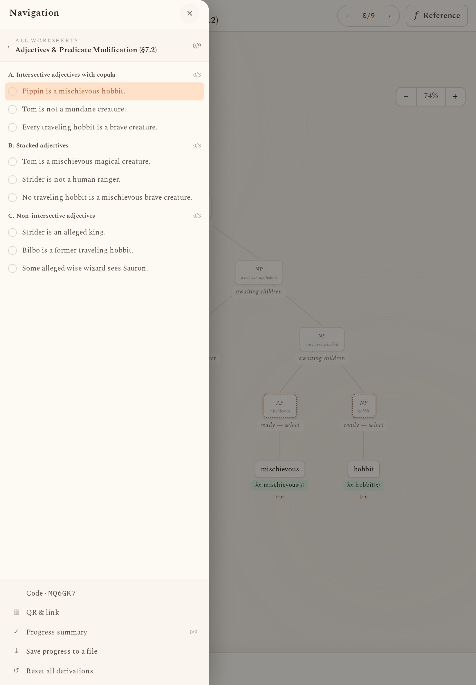 The tablet layout: left navigation drawer over the full-width derivation stage